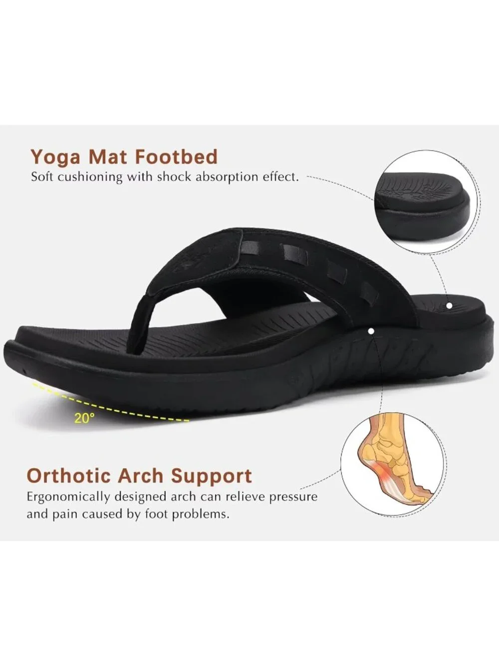 Men's Dark Black Sport Flip Flops Comfort Orthotic Thong Sandals Arch Support